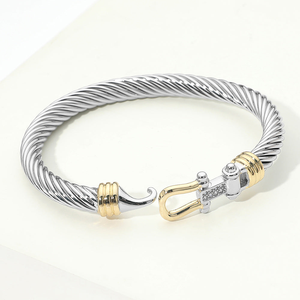14K Gold Plated Two-Tone Twisted Cable Bangle Bracelet with CZ Pavé Shackle Clasp