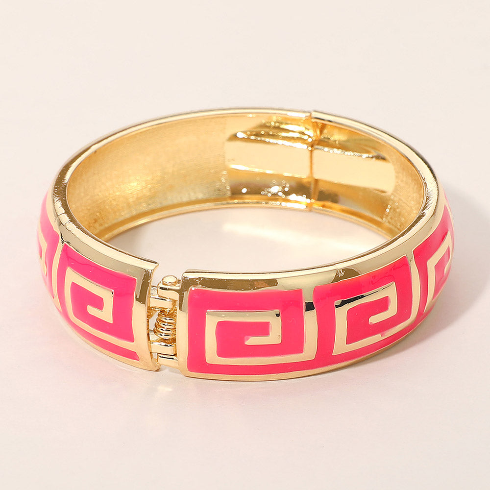 Geometric Pattern Hinged Bangle Bracelet Gold Tone Statement Cuff Bracelet