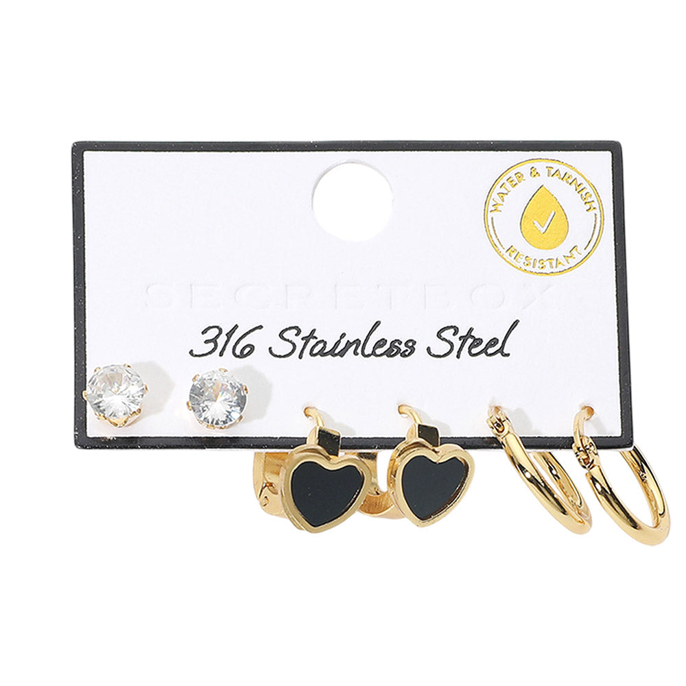 3-Piece Gold Earring Set – CZ Studs, Black Heart Huggie Earrings & Mini Hoop