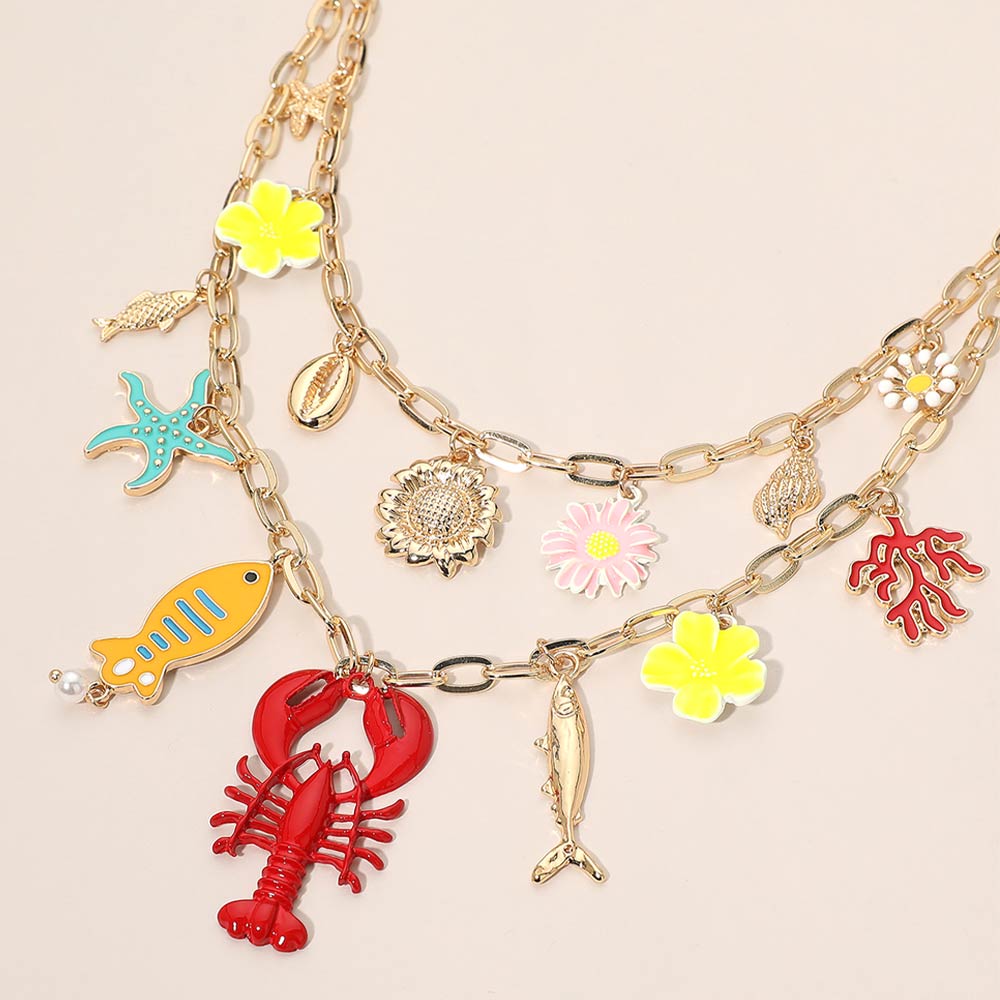 Bold Coastal Lobster Starfish Shell Charm Layered Statement Necklace for Women