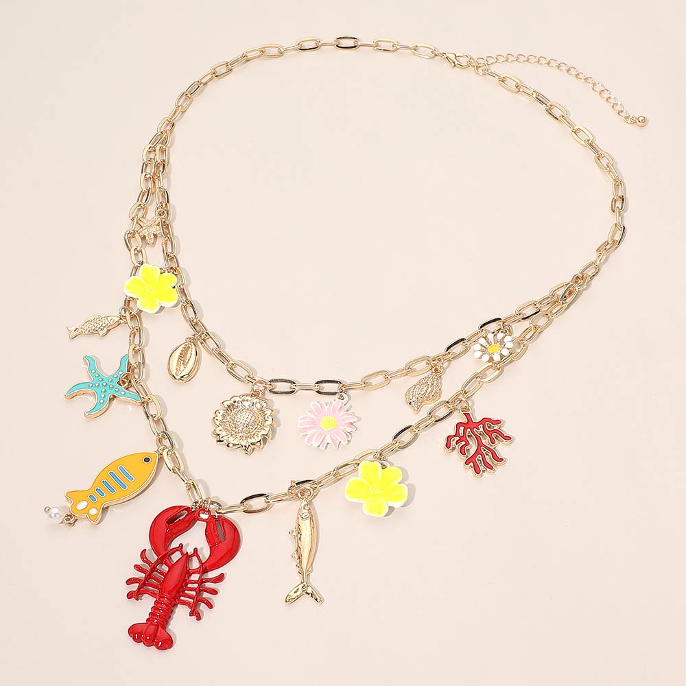 Bold Coastal Lobster Starfish Shell Charm Layered Statement Necklace for Women