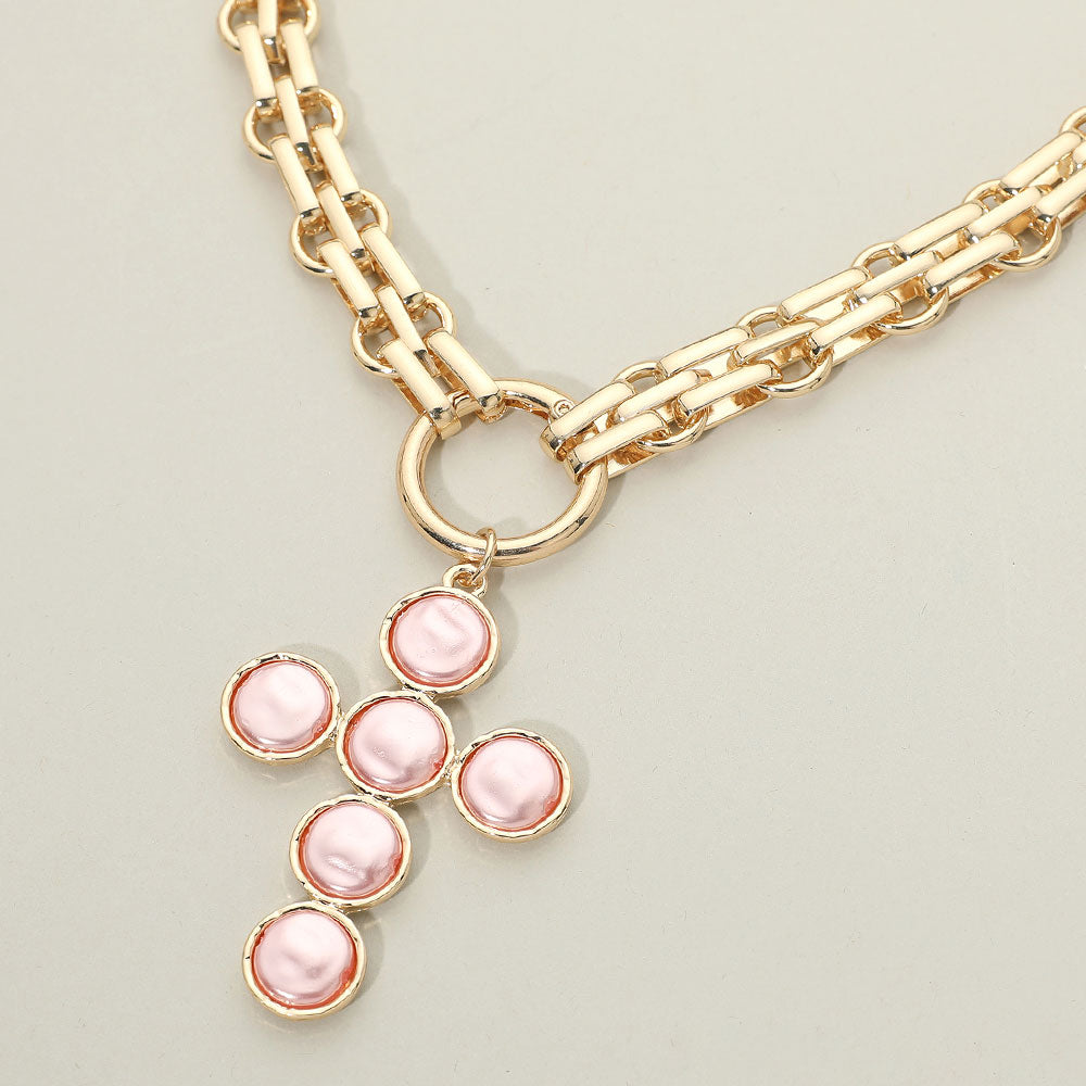 Pink Crystal Cross Pendant Gold Chain Necklace