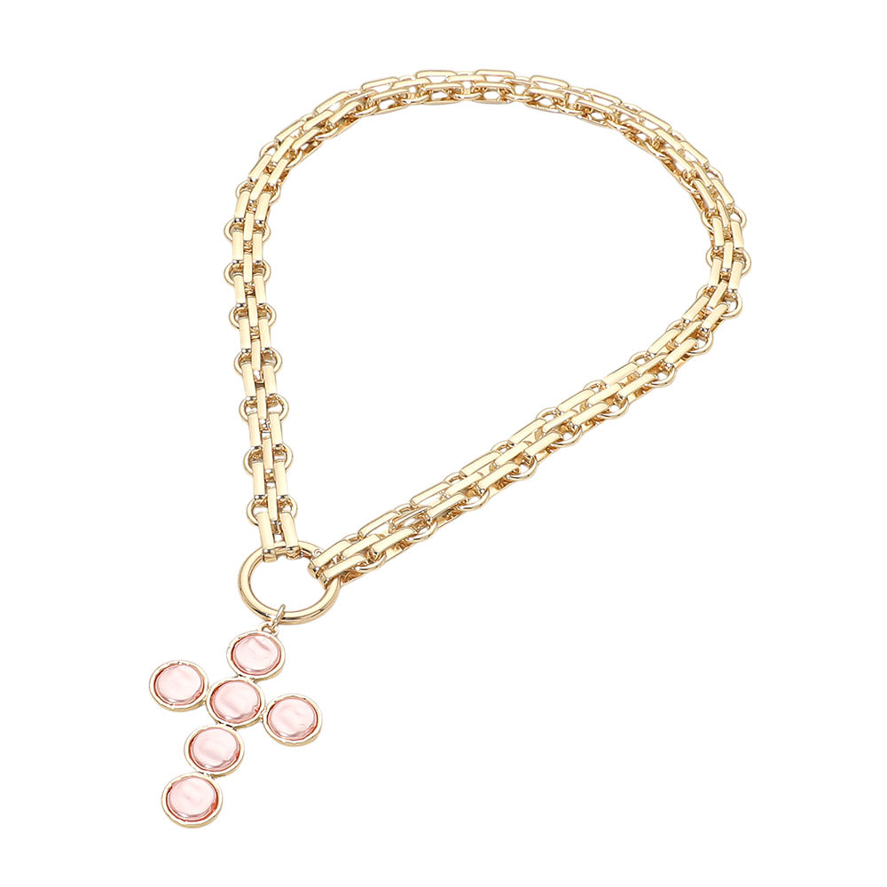 Pink Crystal Cross Pendant Gold Chain Necklace