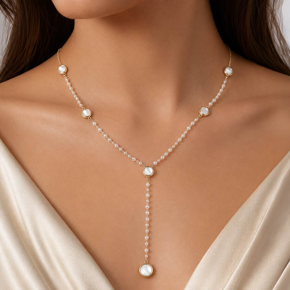 Y Shape Pearl Station Necklace Gold Tone Minimalist Layered Drop Chain Jewelry