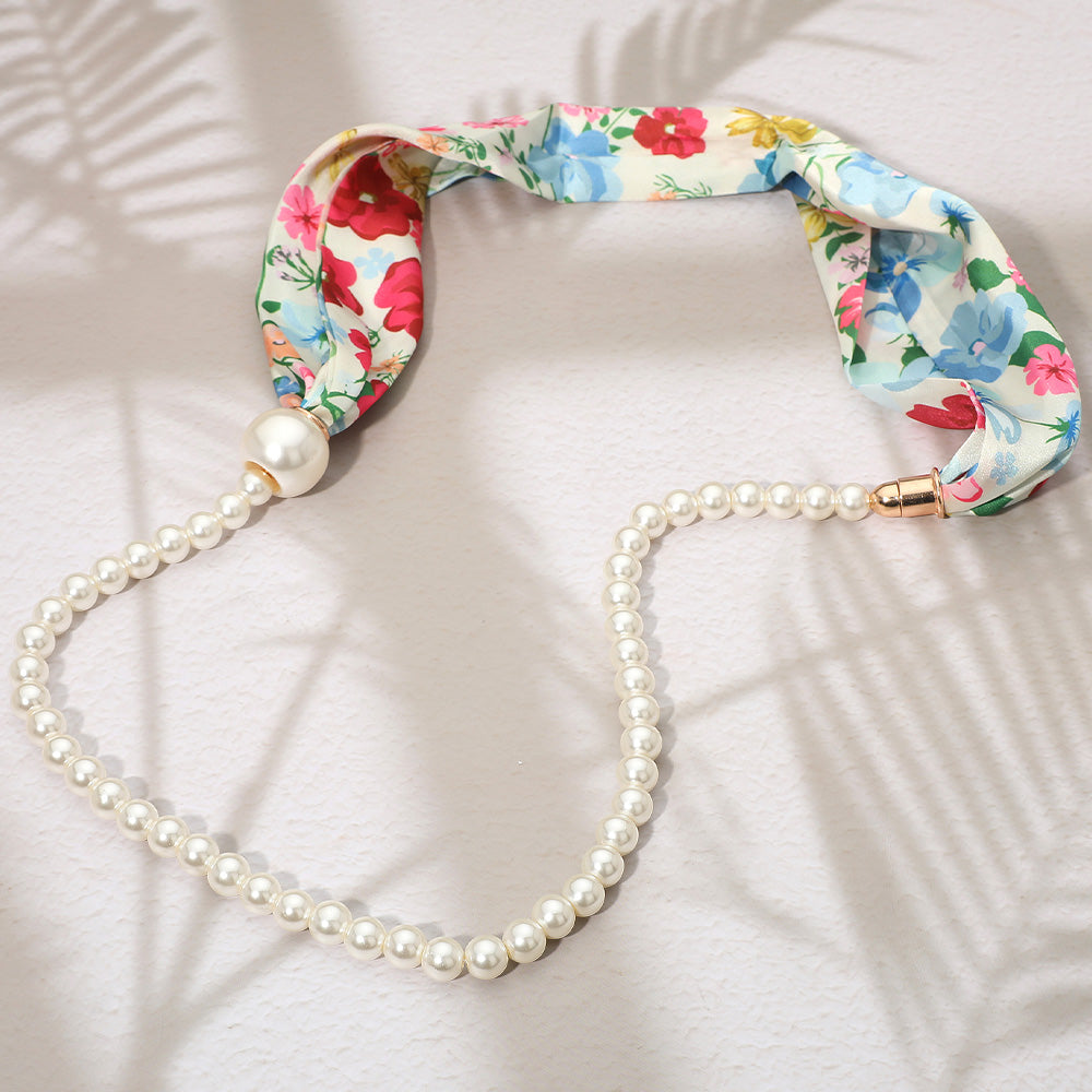 Floral Print Scarf Pearl Magnetic Necklace