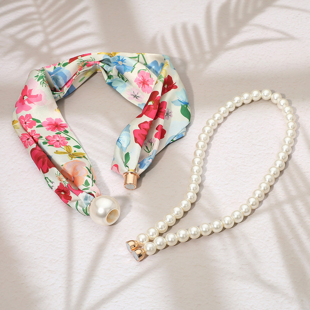 Floral Print Scarf Pearl Magnetic Necklace