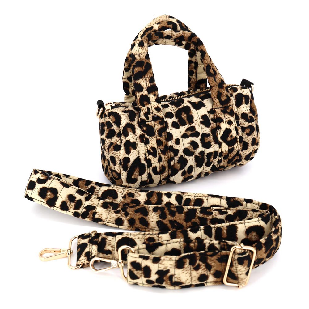 Leopard Print Quilted Puffer Mini Duffle Bag – Braided Handles, Detachable Strap (8" x 4.5" x 4.5")