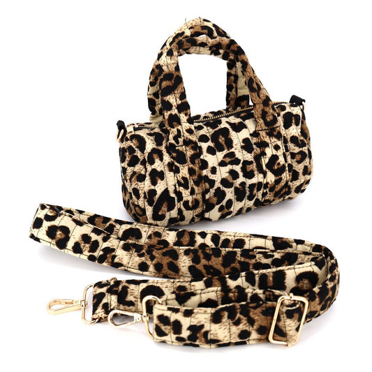 Leopard Print Quilted Puffer Mini Duffle Bag – Braided Handles, Detachable Strap (8" x 4.5" x 4.5")