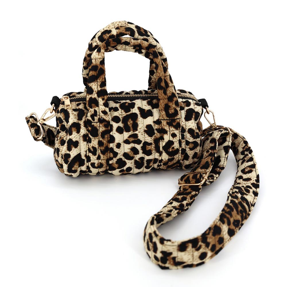 Leopard Print Quilted Puffer Mini Duffle Bag – Braided Handles, Detachable Strap (8" x 4.5" x 4.5")