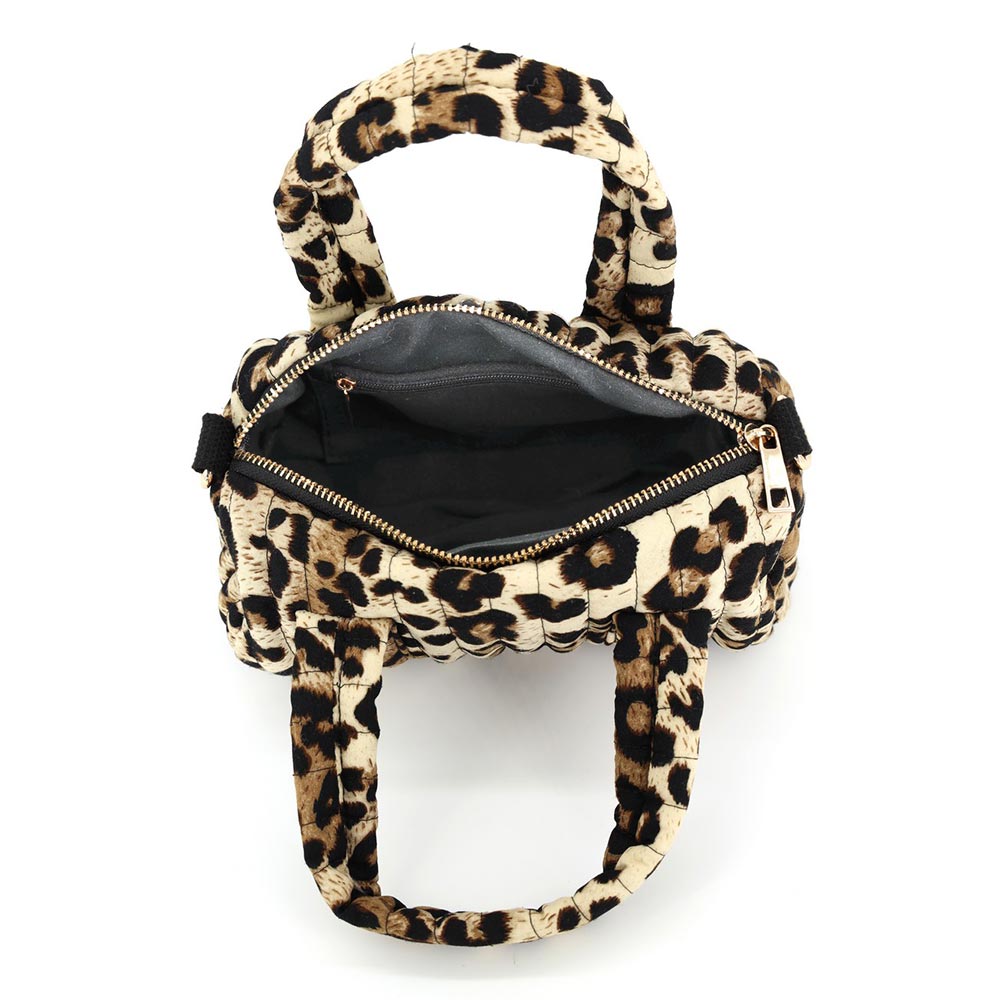 Leopard Print Quilted Puffer Mini Duffle Bag – Braided Handles, Detachable Strap (8" x 4.5" x 4.5")