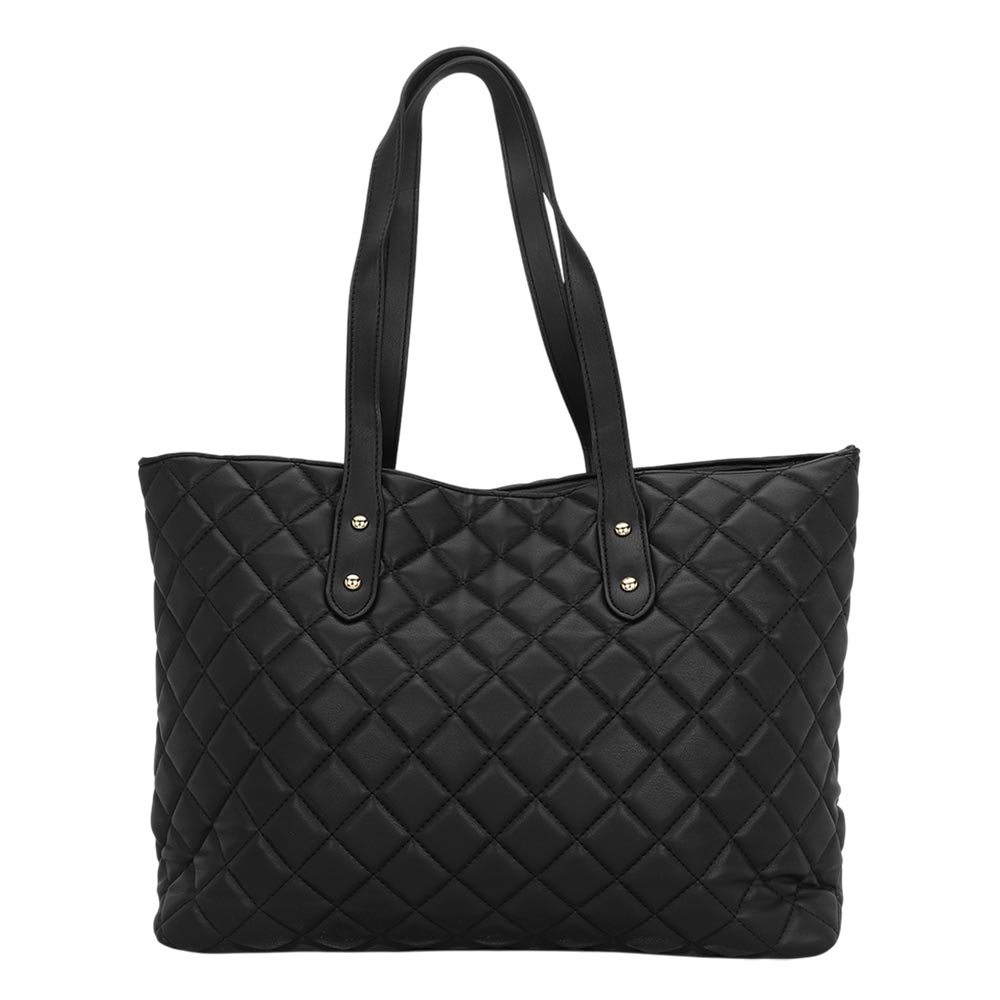 Black quilted vegan leather tote bag front view with silver-tone stud hardware and double shoulder handles