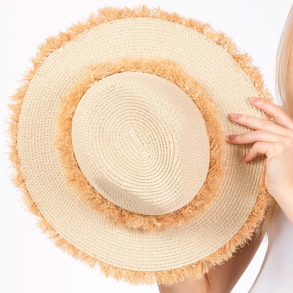 Rustic Frayed Straw Hat with Decorative Band