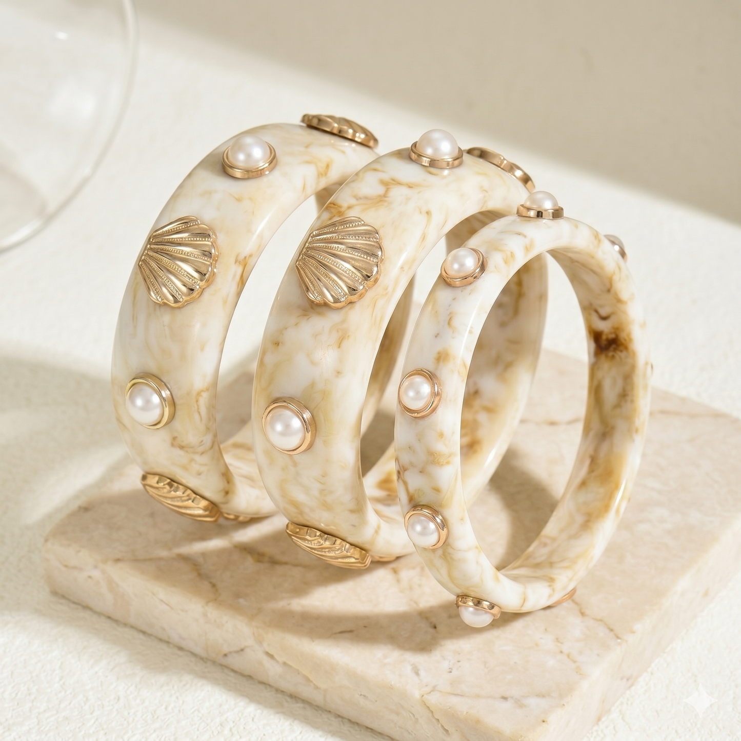 3pcs Tortoise Shell Resin Pearl and Seashell Bangle Set