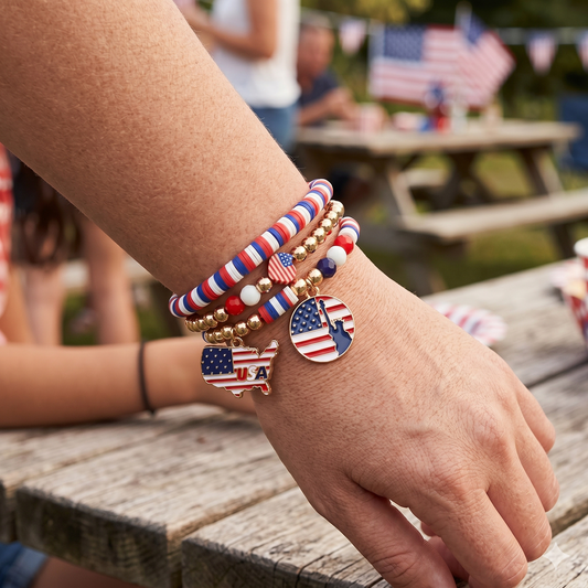 3 Piece Patriotic Bracelet Set USA Charm Stackable Jewelry Red White Blue 2.3 Inch