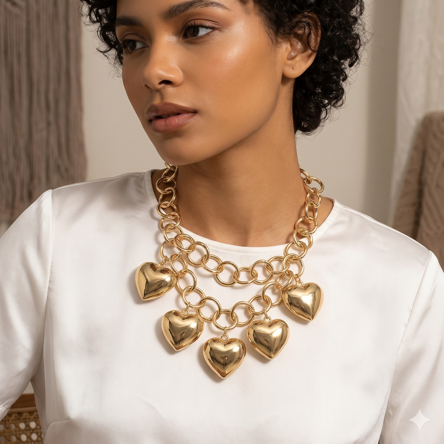 Gold Tone Bold Puffy Metal Heart Charm Station Linked Chain Statement Necklace