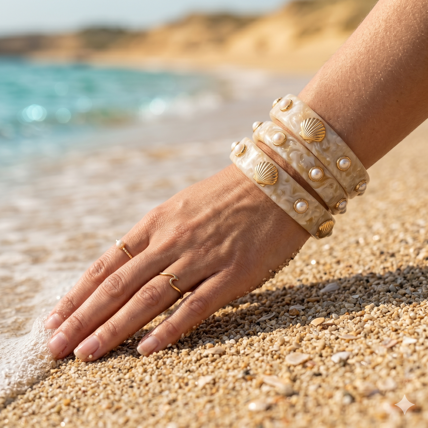 3pcs Tortoise Shell Resin Pearl and Seashell Bangle Set