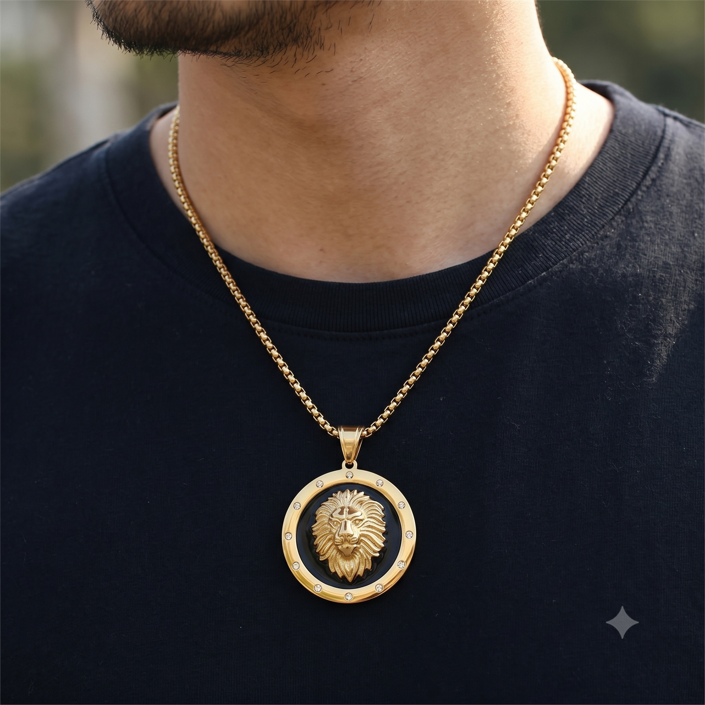 Gold Lion Head Medallion Pendant Necklace for Men Stainless Steel Chain 24.8in