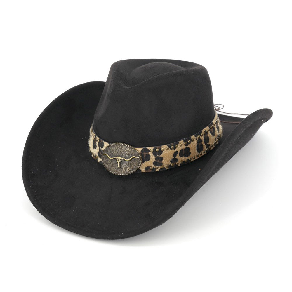 Black suede-feel western cowboy hat with leopard print studded band and gold longhorn buckle, product shot on white background