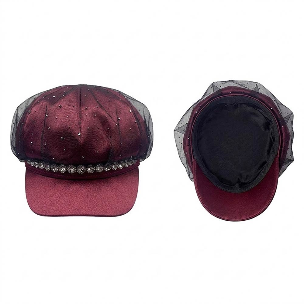Burgundy Rhinestone Mesh Newsboy Cap