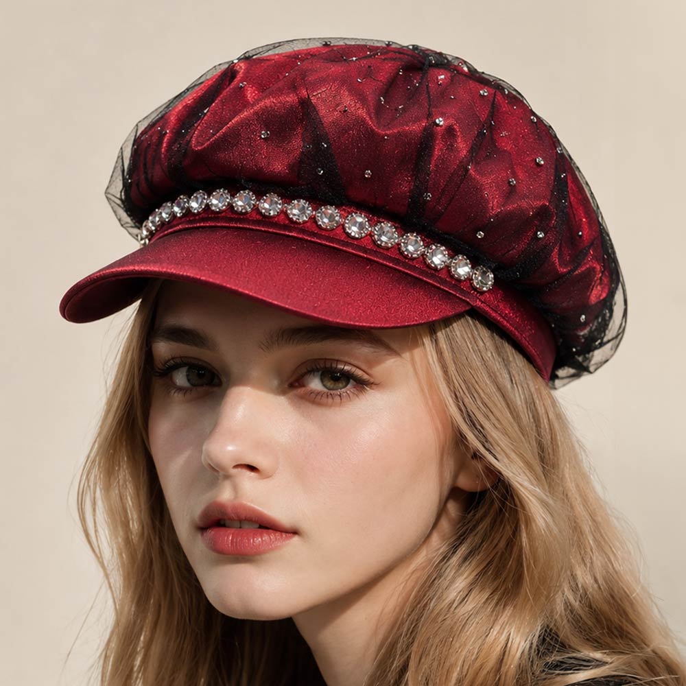 Burgundy Rhinestone Mesh Newsboy Cap
