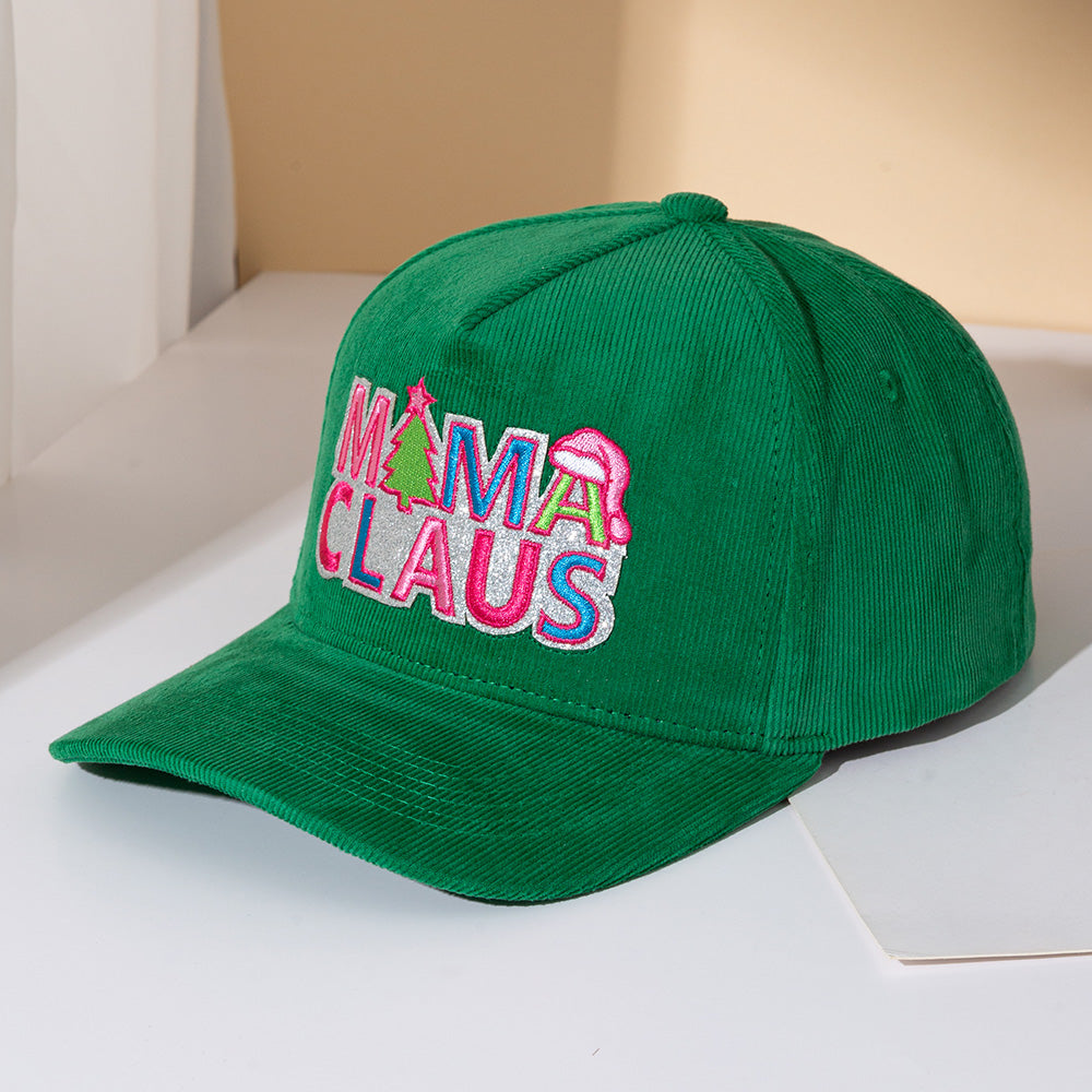 MAMA CLAUS Embroidered Corduroy Baseball Cap | Forest Green | Holiday Hat