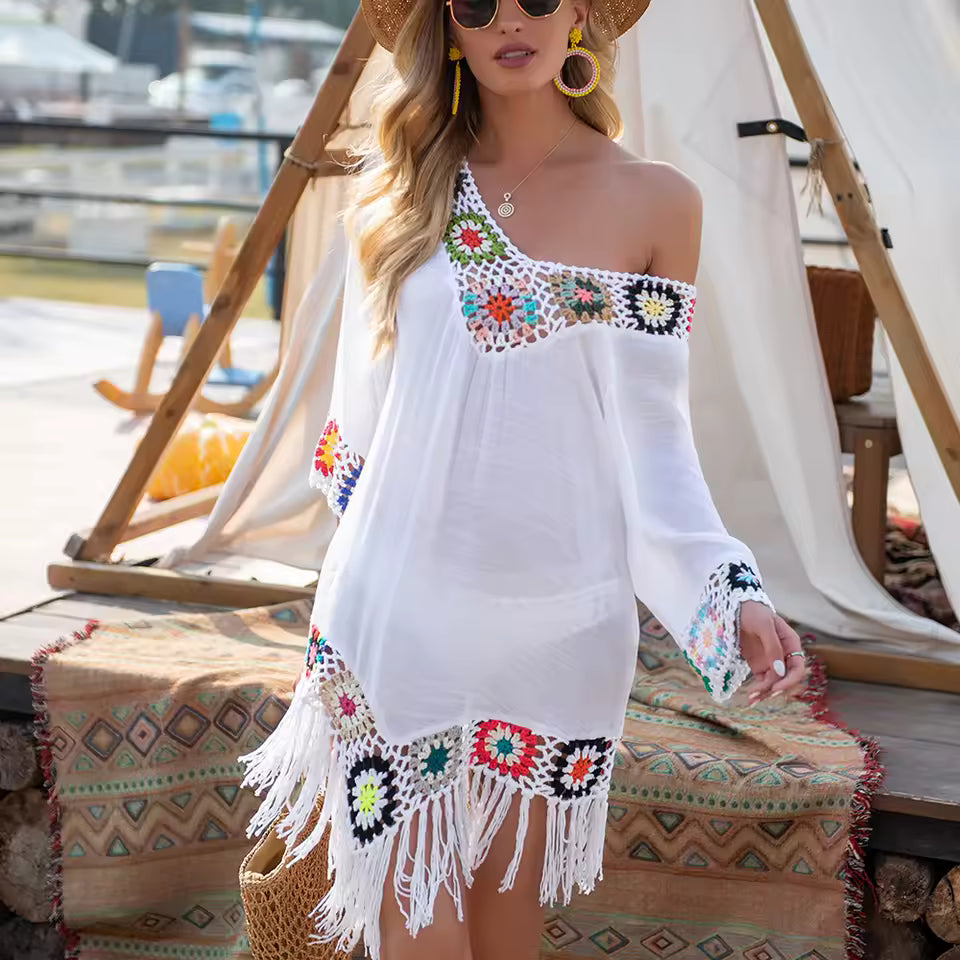 Boho Crochet Trim V-Neck Tassel Hem Beach Cover-Up Swimsuit Tunics