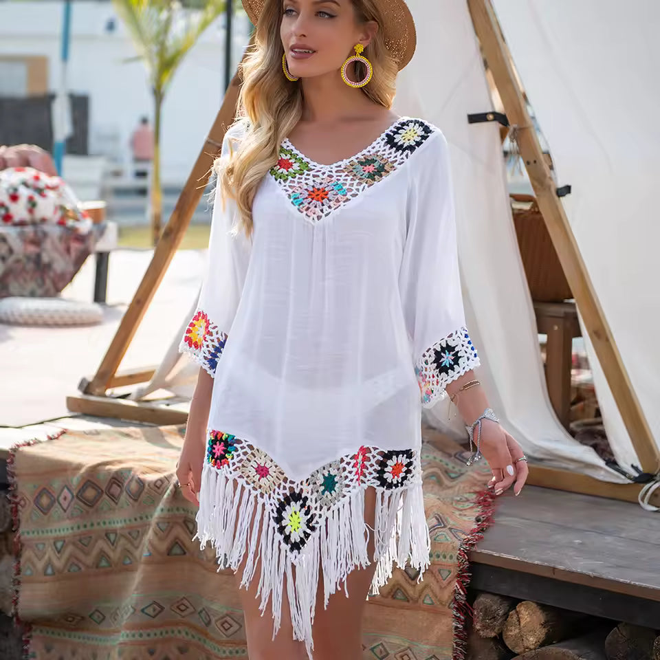 Boho Crochet Trim V-Neck Tassel Hem Beach Cover-Up Swimsuit Tunics
