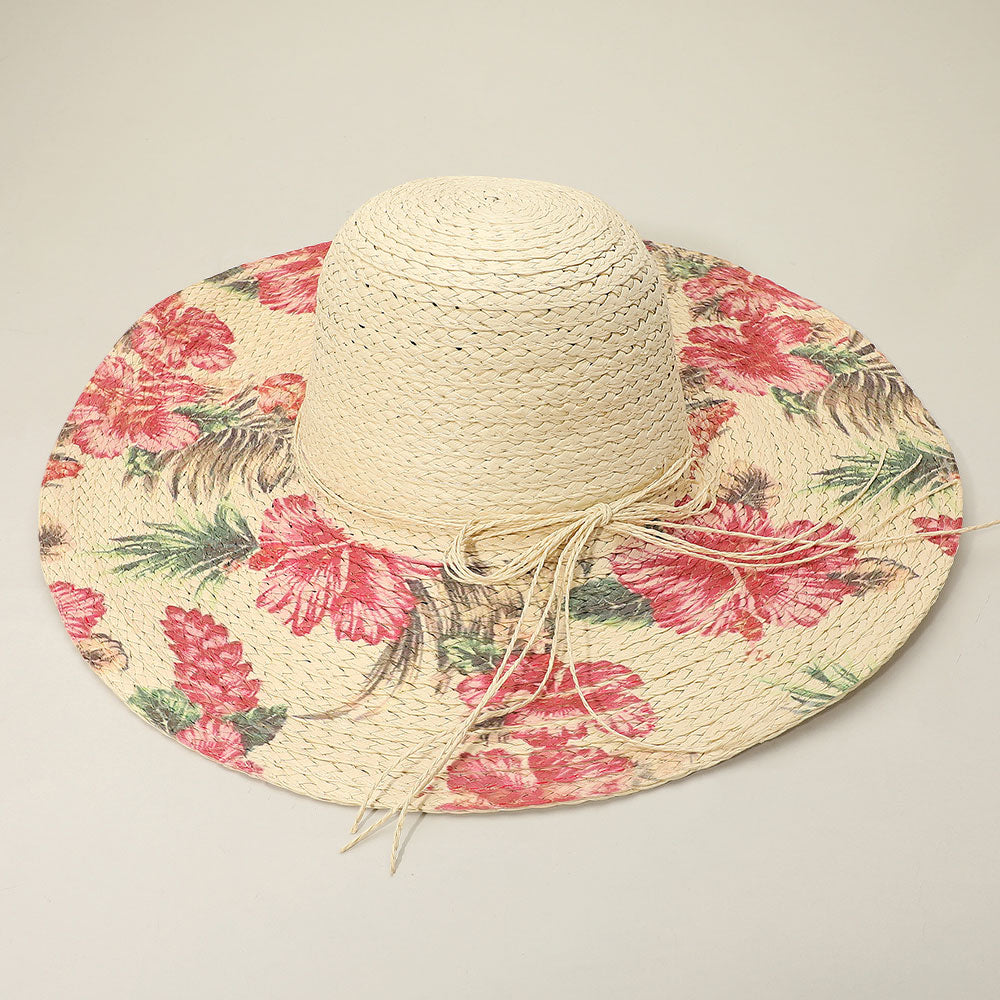 Floral Print Straw Floppy Sun Hat for Women Beach Summer Accessory