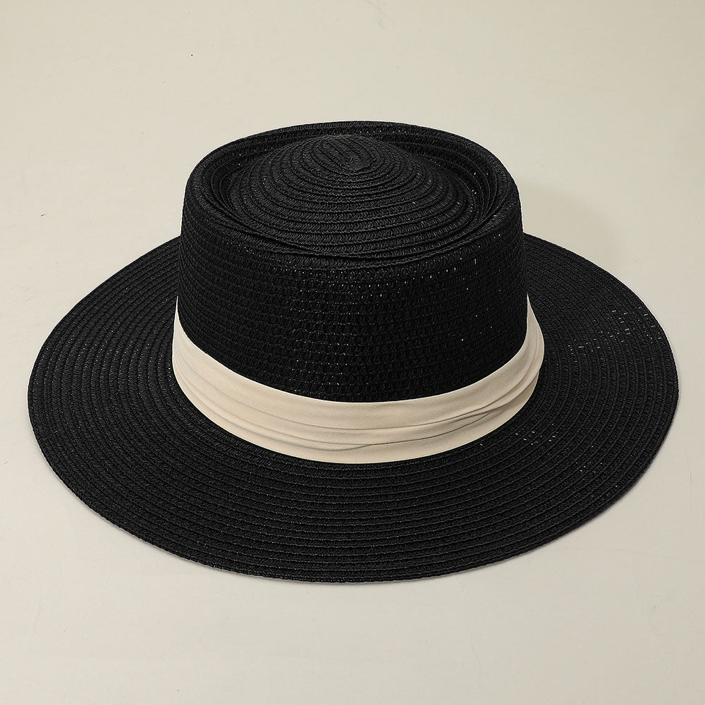 Ribbon Band Woven Panama Straw Hat for Women Summer Sun Protection