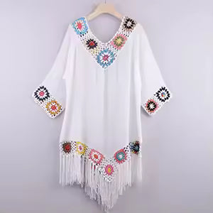 Boho Crochet Trim V-Neck Tassel Hem Beach Cover-Up Swimsuit Tunics