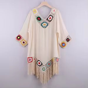 Boho Crochet Trim V-Neck Tassel Hem Beach Cover-Up Swimsuit Tunics