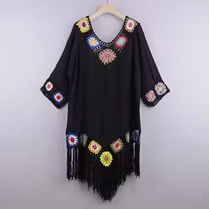 Boho Crochet Trim V-Neck Tassel Hem Beach Cover-Up Swimsuit Tunics