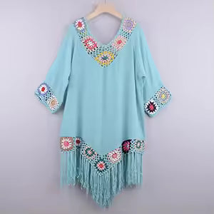 Boho Crochet Trim V-Neck Tassel Hem Beach Cover-Up Swimsuit Tunics