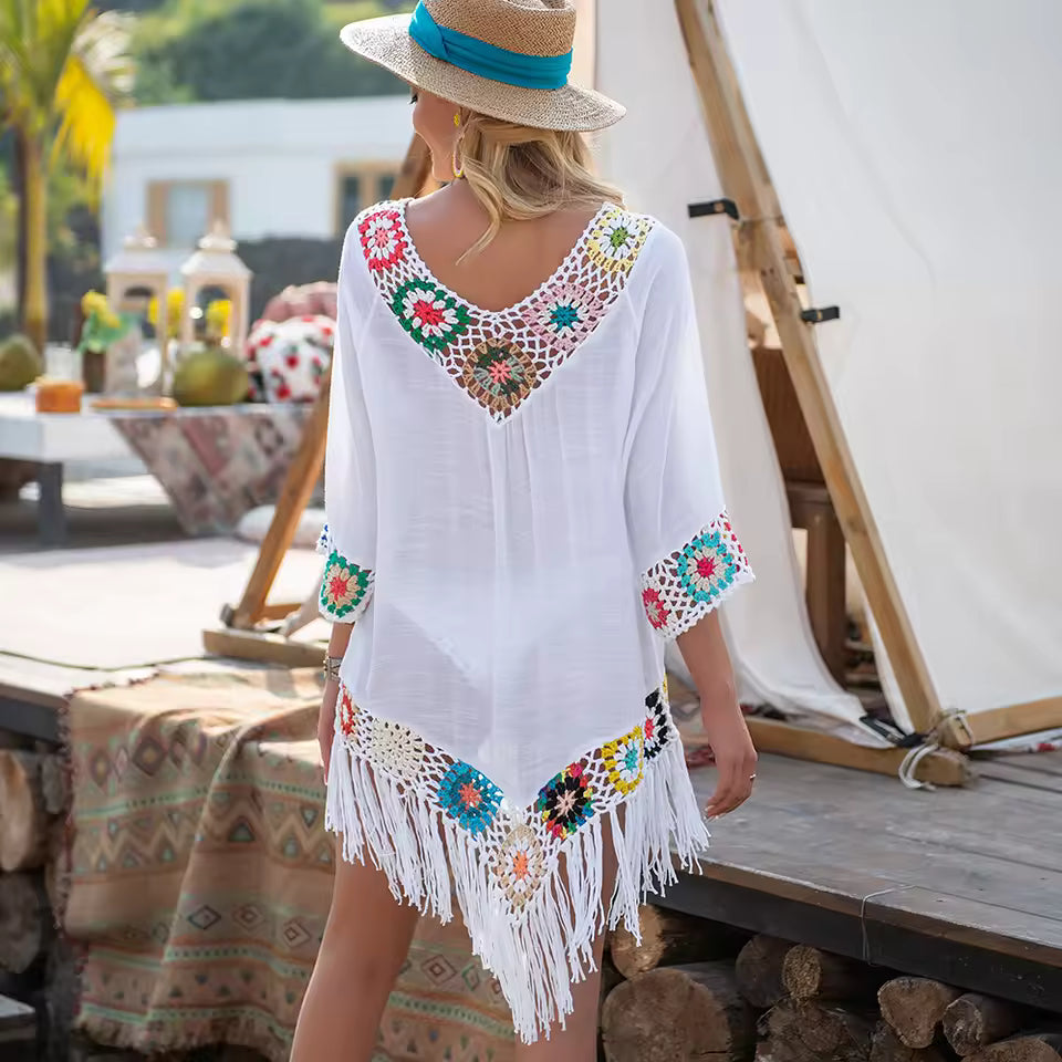 Boho Crochet Trim V-Neck Tassel Hem Beach Cover-Up Swimsuit Tunics