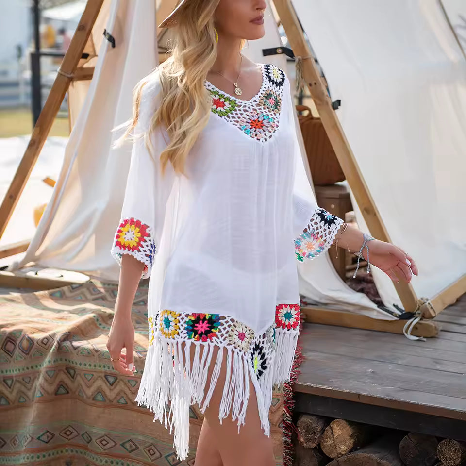 Boho Crochet Trim V-Neck Tassel Hem Beach Cover-Up Swimsuit Tunics