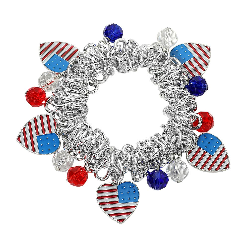 American Flag Heart Charm Beaded Stretch Bracelet – Patriotic Red White Blue Chunky Bracelet for Women