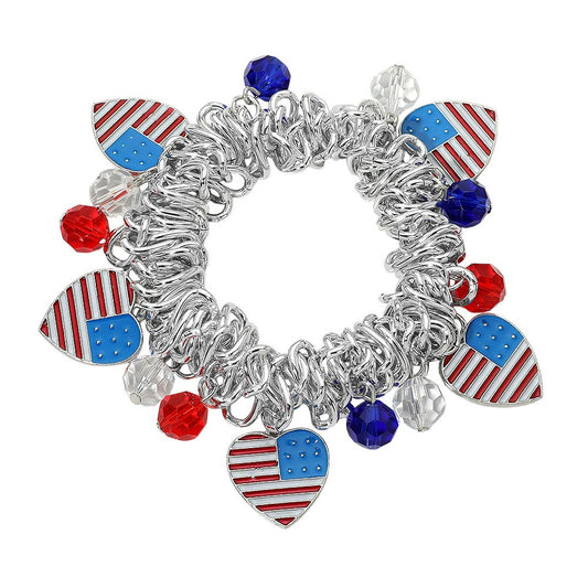 American Flag Heart Charm Beaded Stretch Bracelet – Patriotic Red White Blue Chunky Bracelet for Women