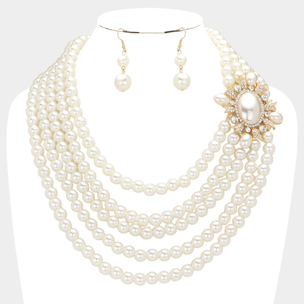 Oval Pearl Accented Multi-Layered Bib Necklace – Elegant Statement Pearl Layered Necklace for Women