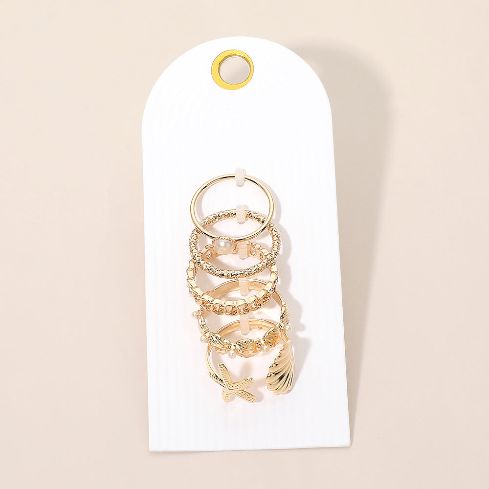 5pcs Coastal Theme Stackable Ring Set – Ocean Inspired Starfish Shell Beach Stacking Rings for Women