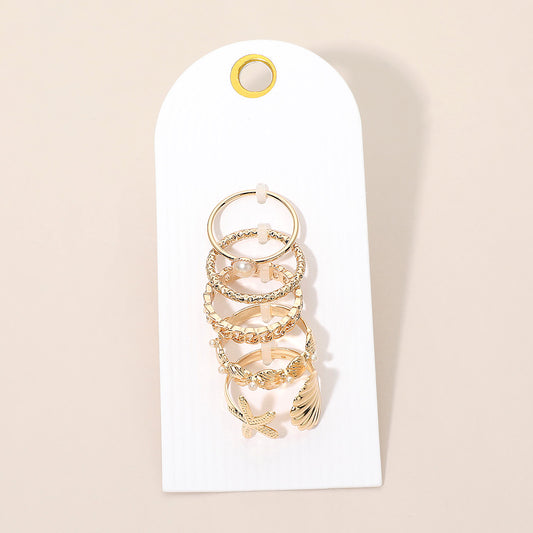 5pcs Coastal Theme Stackable Ring Set – Ocean Inspired Starfish Shell Beach Stacking Rings for Women