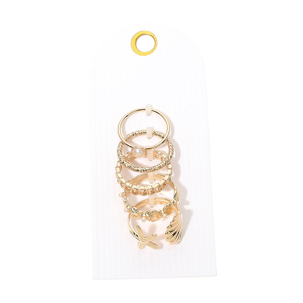 5pcs Coastal Theme Stackable Ring Set – Ocean Inspired Starfish Shell Beach Stacking Rings for Women