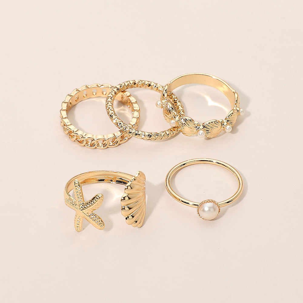 5pcs Coastal Theme Stackable Ring Set – Ocean Inspired Starfish Shell Beach Stacking Rings for Women