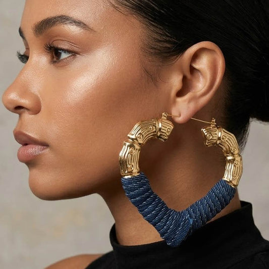 Bold Textured Denim Fabric Wrapped Heart Pin Catch Statement Hoop Earrings – Trendy Blue Heart Hoop Earrings for Women