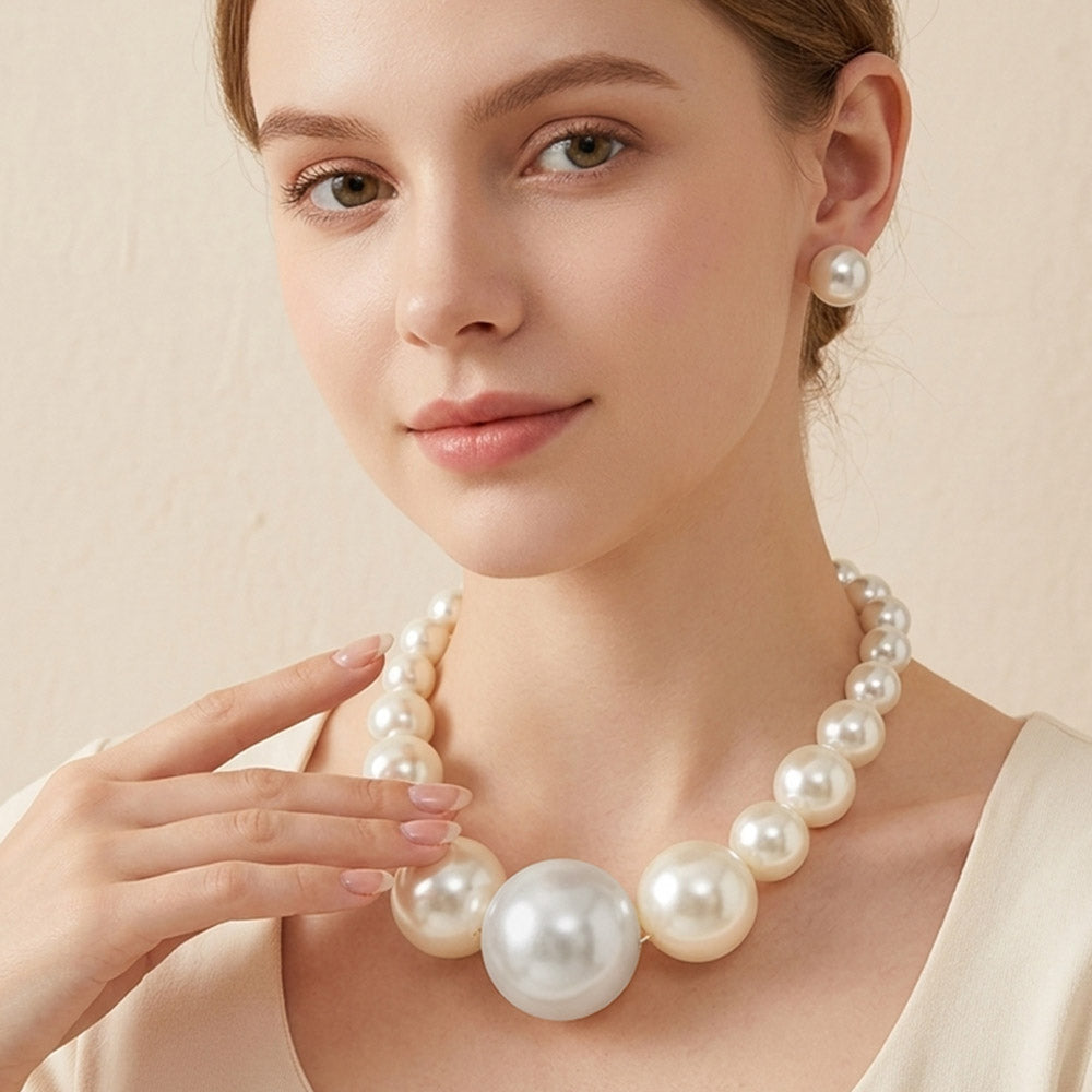Oversized Pearl Beaded Statement Necklace – Chunky Multi-Strand Pearl Bib Ne