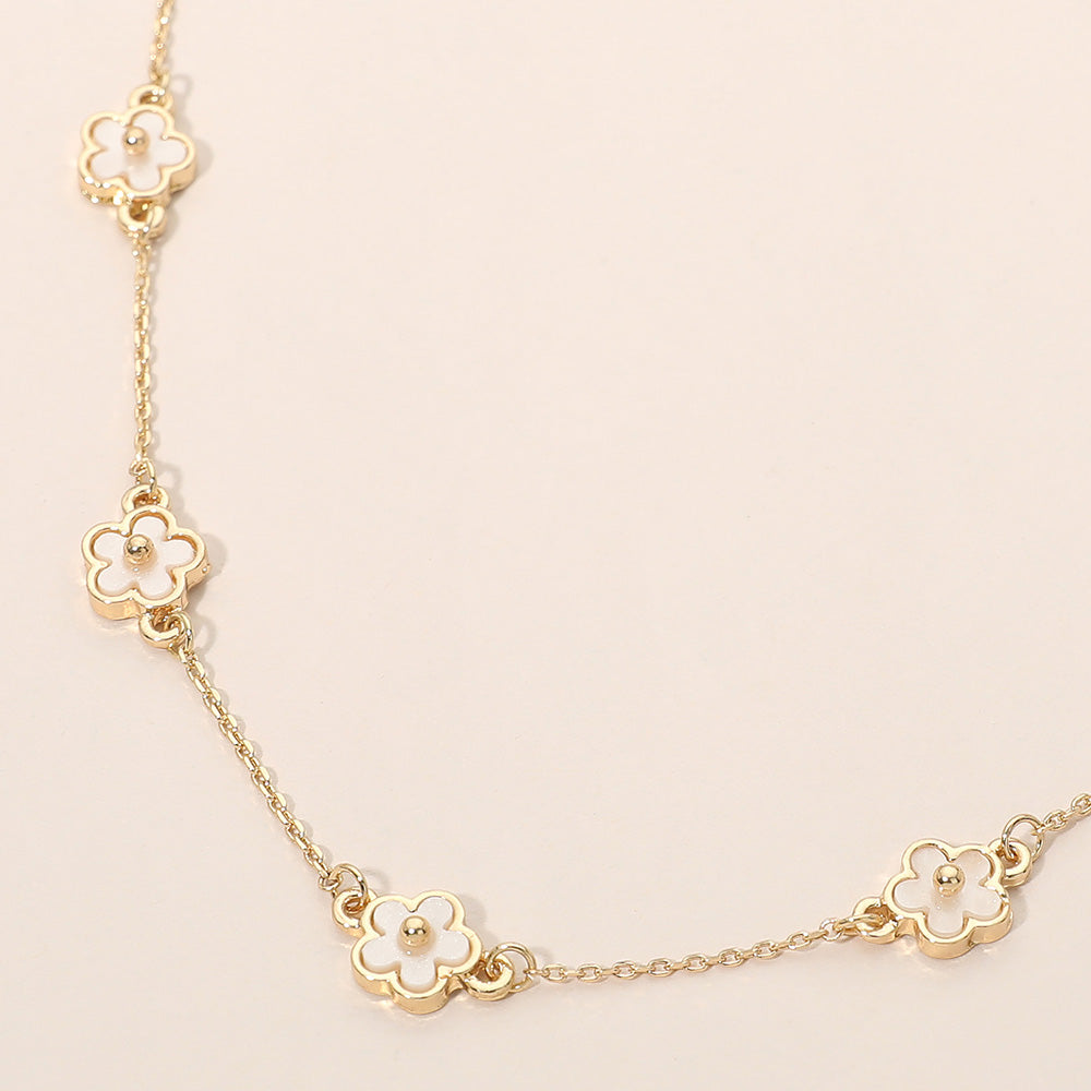 Floral Charm Station Necklace Delicate Flower Beaded Layered Charm Necklace for Women