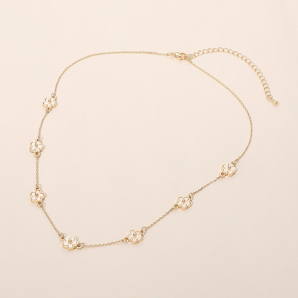 Floral Charm Station Necklace Delicate Flower Beaded Layered Charm Necklace for Women