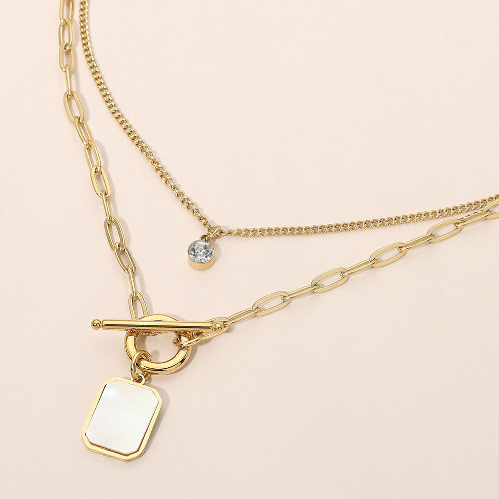 Stainless Steel Mother of Pearl Rectangular Frame Toggle Pendant Layered Necklace with Round Stone Accent – Elegant Modern Statement Necklace for Women