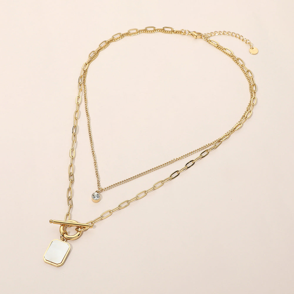 Stainless Steel Mother of Pearl Rectangular Frame Toggle Pendant Layered Necklace with Round Stone Accent – Elegant Modern Statement Necklace for Women