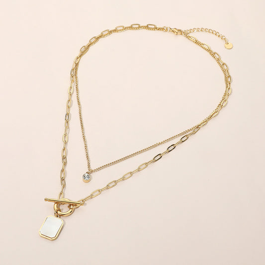 Stainless Steel Mother of Pearl Rectangular Frame Toggle Pendant Layered Necklace with Round Stone Accent – Elegant Modern Statement Necklace for Women