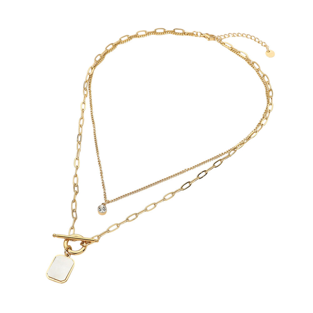 Stainless Steel Mother of Pearl Rectangular Frame Toggle Pendant Layered Necklace with Round Stone Accent – Elegant Modern Statement Necklace for Women